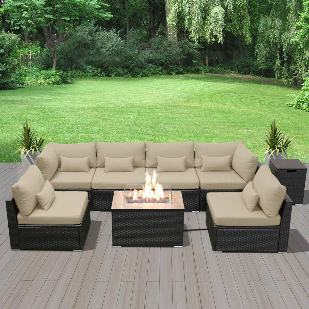 Dineli Sectional Sofa with Gas/Propane Fire Pit Table Outdoor Patio Furniture Sets
