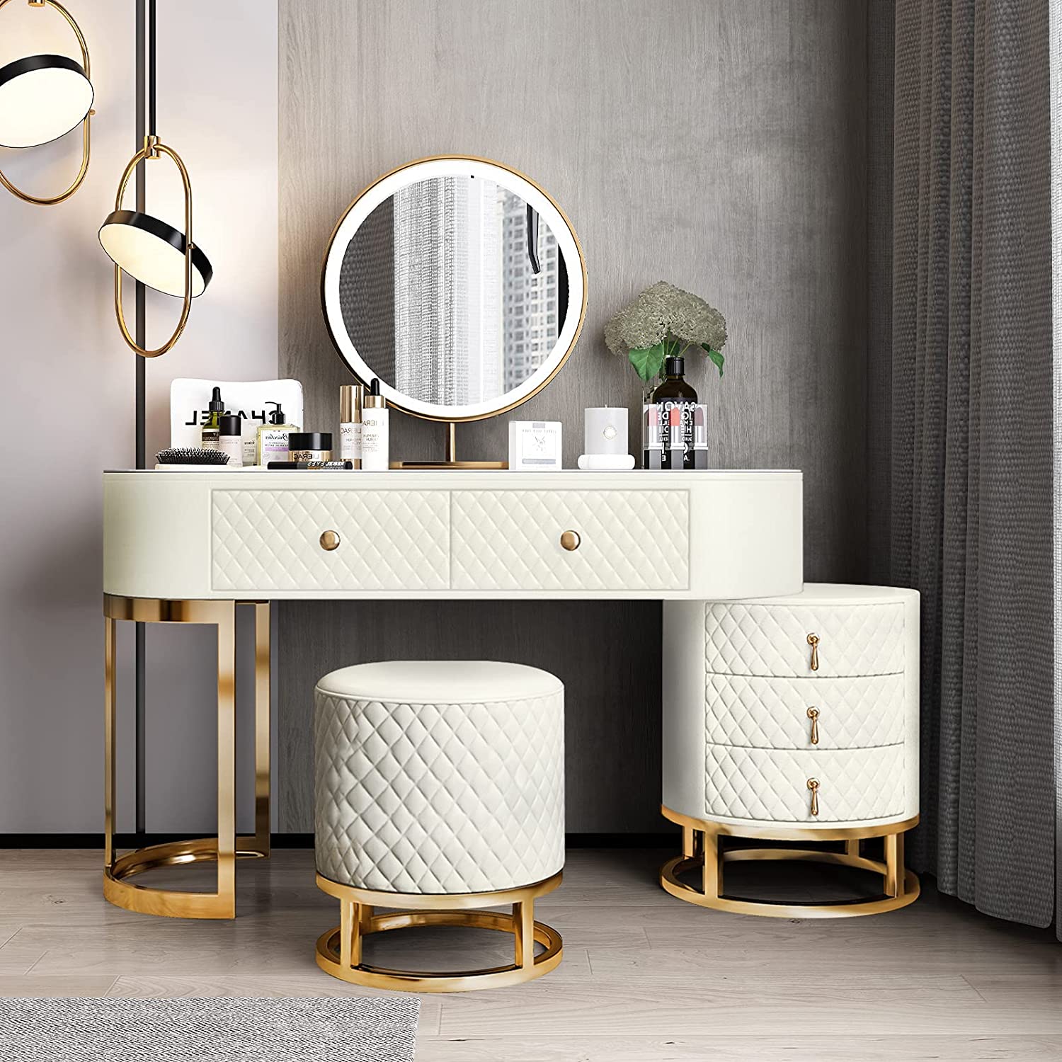【Furniture】【BS】Dresser Table Vanity Makeup Table Set Makeup with 5 Drawers Dressing Table with Lighted Mirror