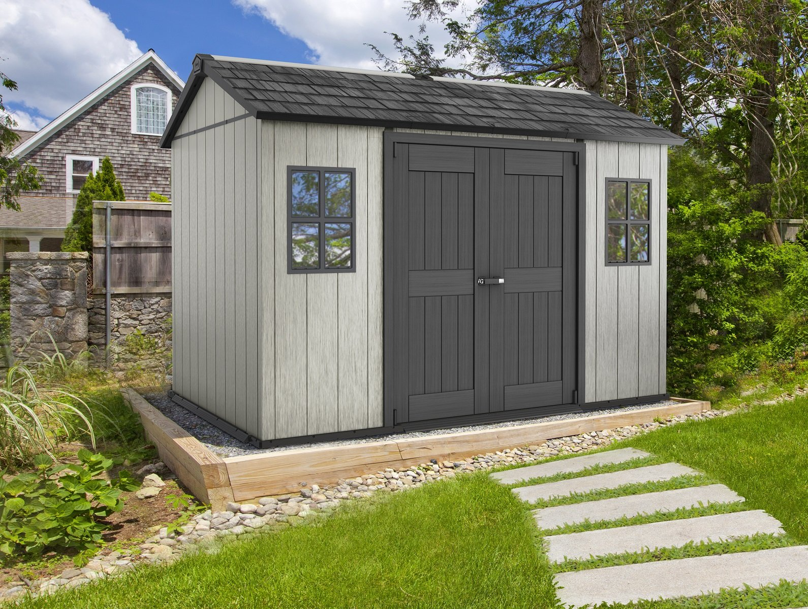 【Storage Shed】Outdoor Plastic Garden Storage Shed, Grey, 11x7.5 feet