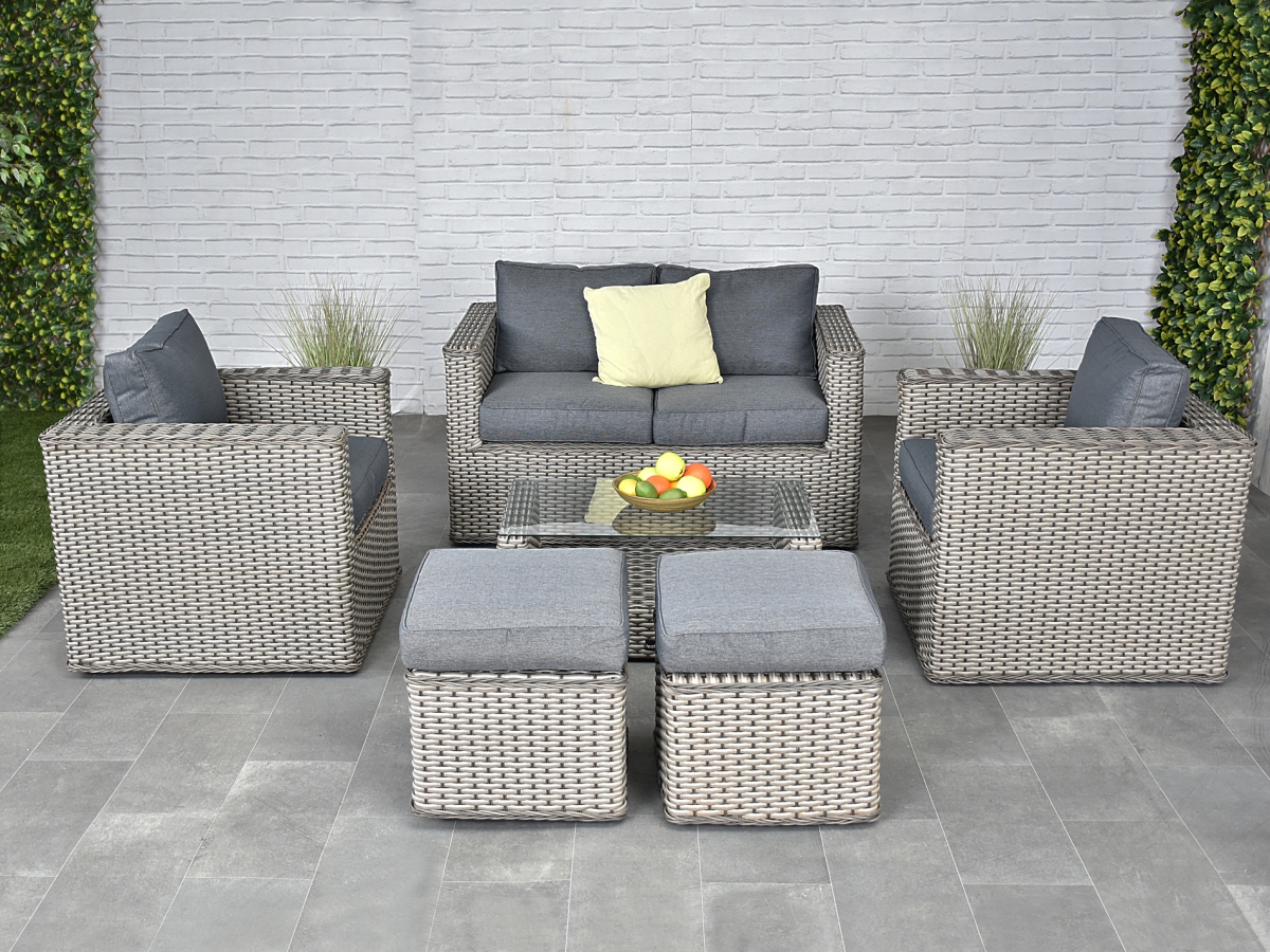 Bahia Sofa Dining Rattan Furniture Set - Whitewash Grey