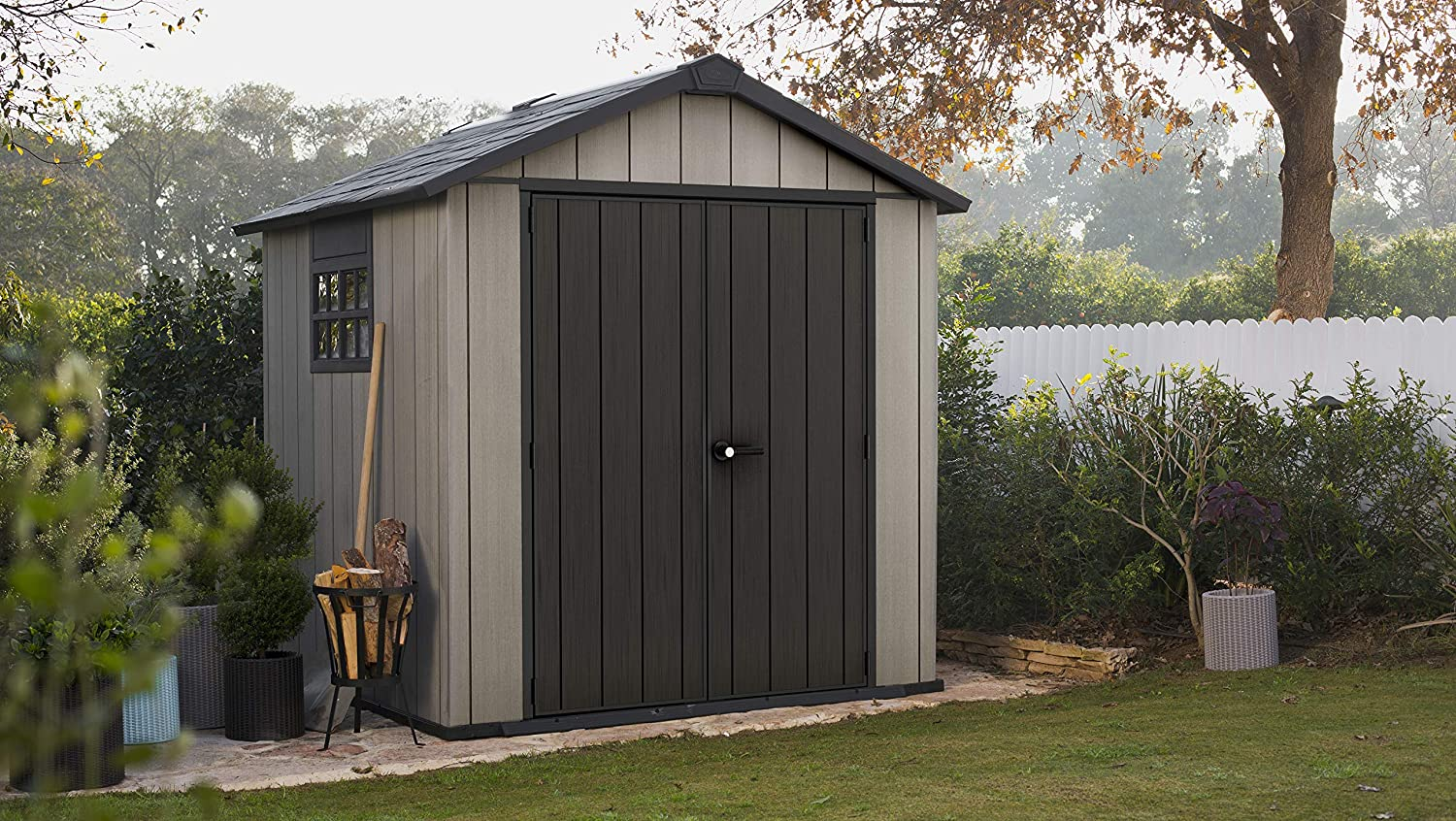Keter Newton Outdoor Plastic Garden Storage Shed, Brown, 7.5 x 7 feet