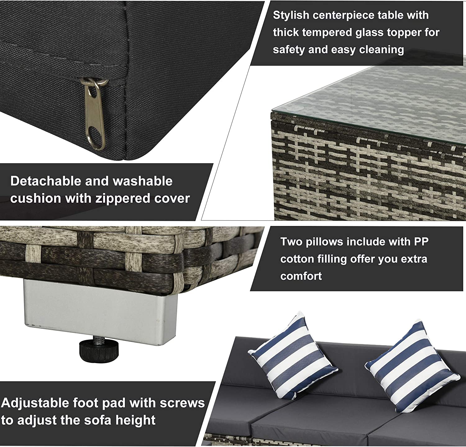 Outsunny 5PC Rattan Furniture Set Garden Outdoor Sectional Sofa Coffee Table Combo Patio Furniture Metal Frame w/Cushion Pillows Grey