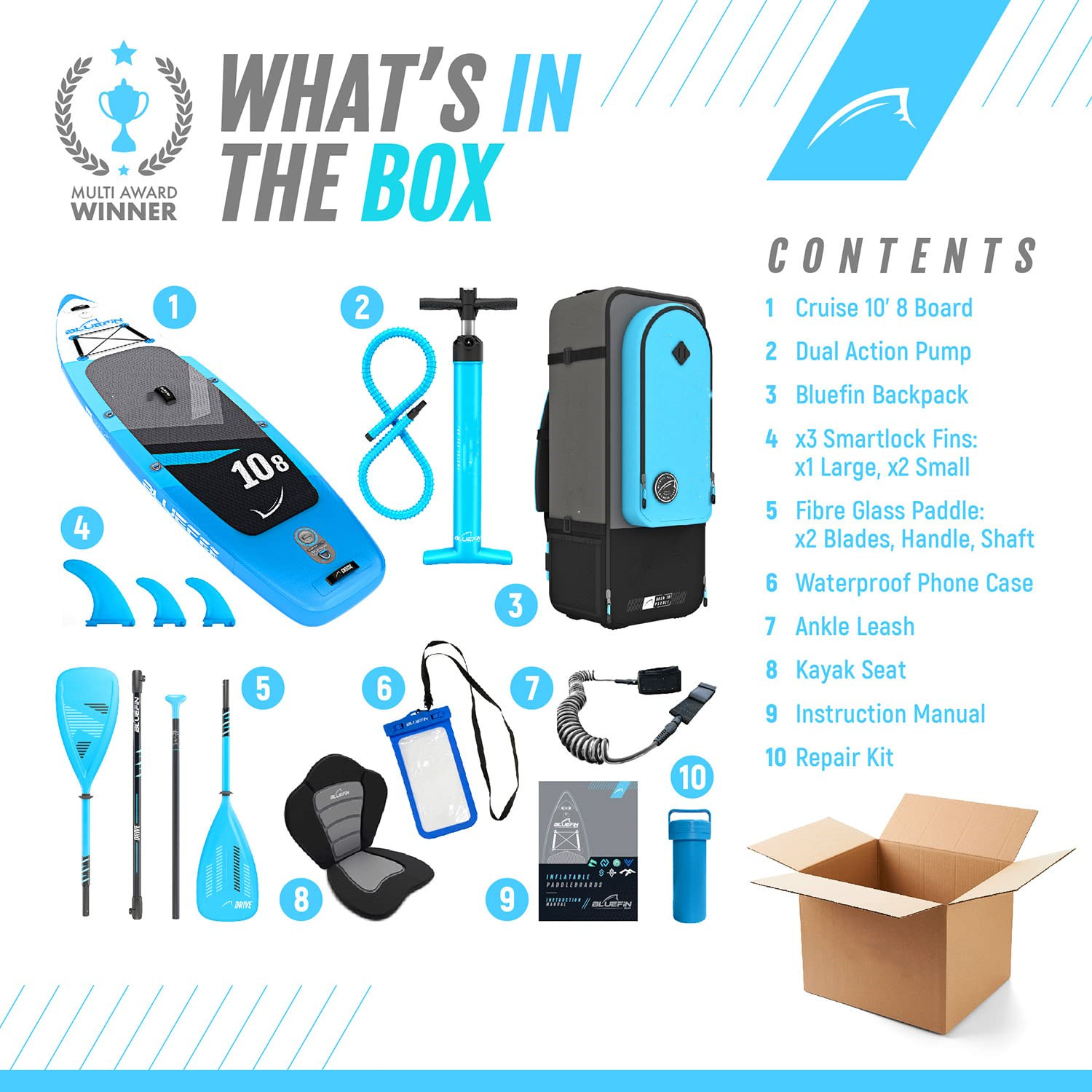 Bluefin SUP Inflatable Stand Up Paddle Board | 6” Thick | Kayak Conversion Kit | All Accessories | Multiple sizes: Kids, 10’8, 12’