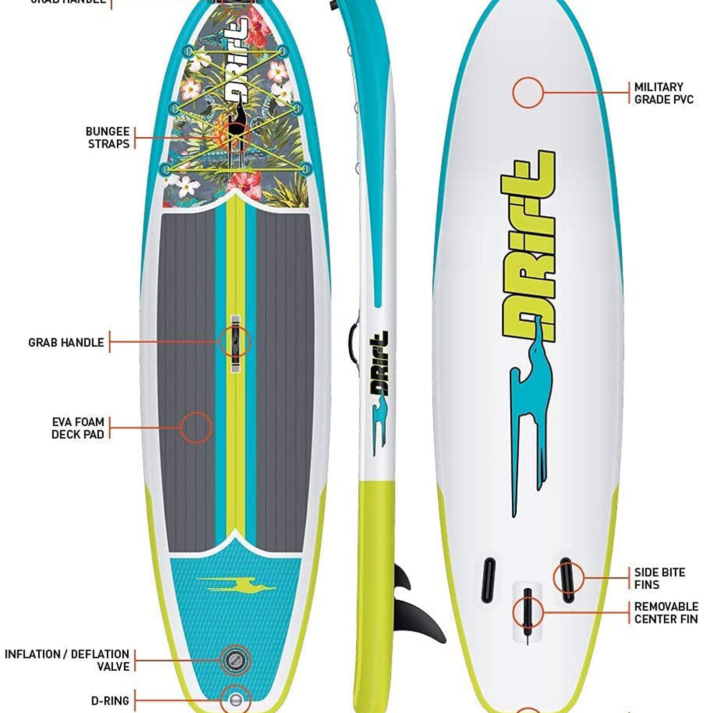 DRIFT Inflatable Stand Up Paddle Board, SUP with Paddle, Backpack Travel Bag, Pump, Fin, & Coiled Leash
