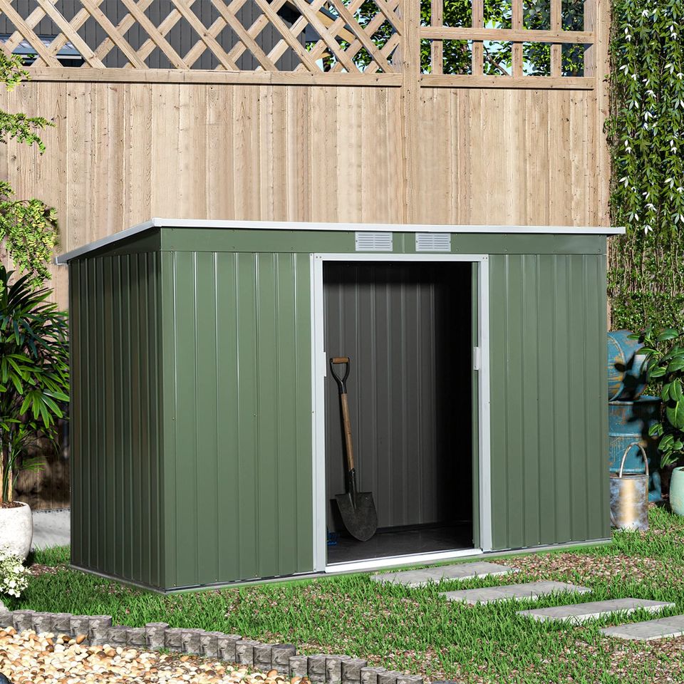 【Storage Shed】9' x 4' Corrugated metal storage shed outside equipment kit, light green